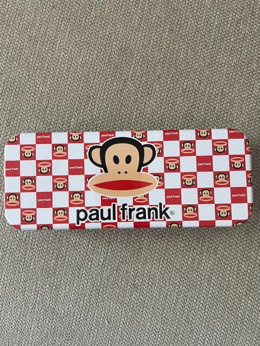 Paul Frank Red Black Checkered Monkey Metal Tin Pencil Case